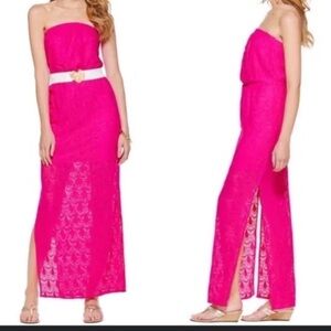 Lilly Pulitzer Emmet Bright Pink / Magenta strapless lace Maxi Dress‎ Sz XS